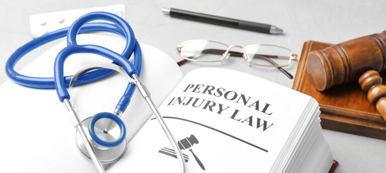 Closeup photograph of a scales of justice in a light gold sitting on a black wooden surface, with hardbound legal reference books with gold lettering in the background.