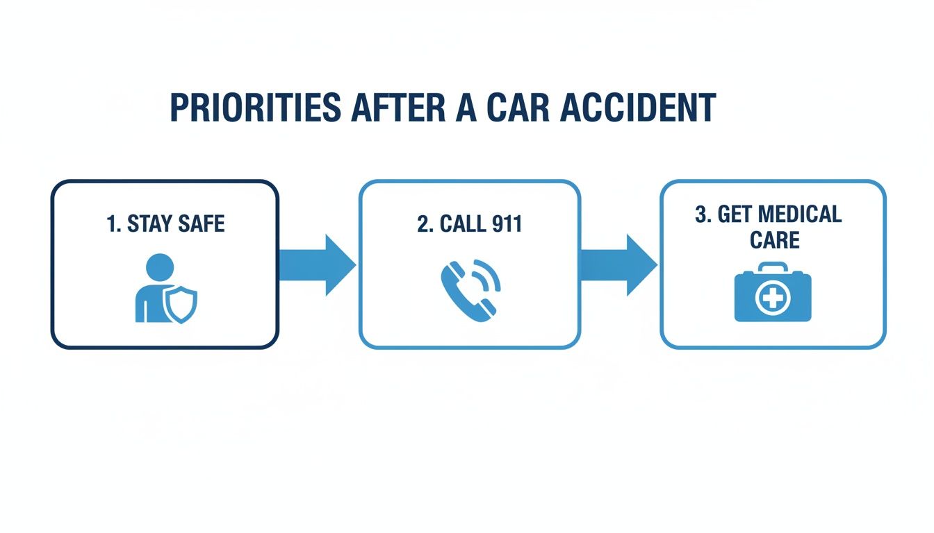 A flowchart shows priorities after a car accident: stay safe, call 911, and get medical care.