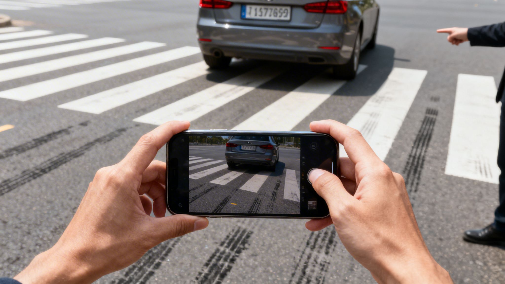 A person holds a phone to photograph a grey car stopped on a crosswalk with tire marks, while another person points.