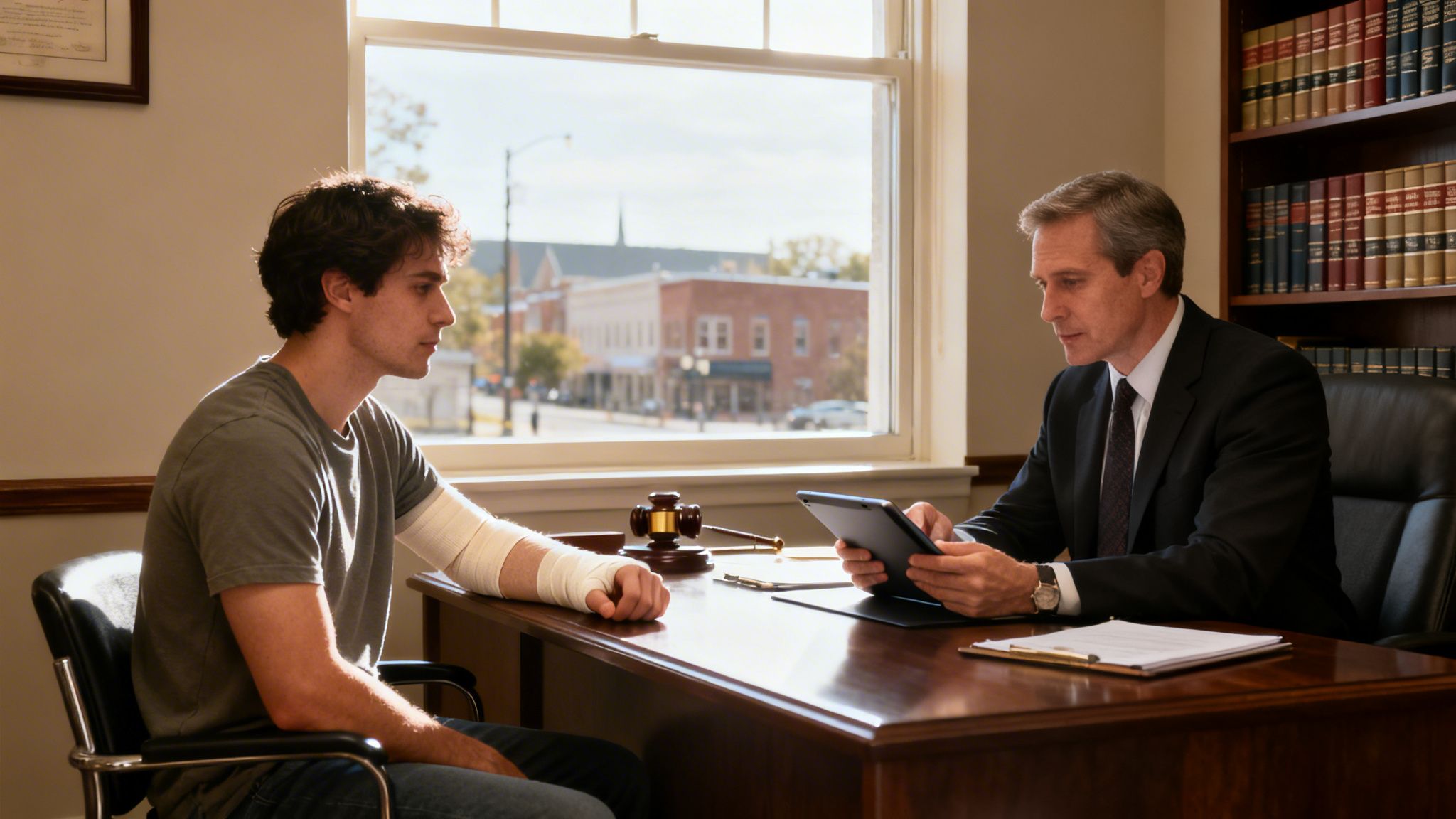 A young man with a bandaged arm consults with an older lawyer in a suit across a desk.