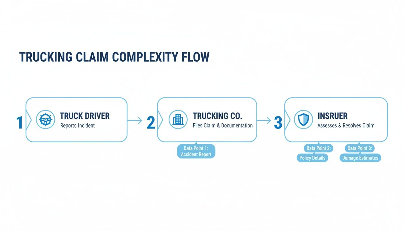 Diagram illustrating the trucking claim complexity flow, from the driver's incident report to insurer resolution.