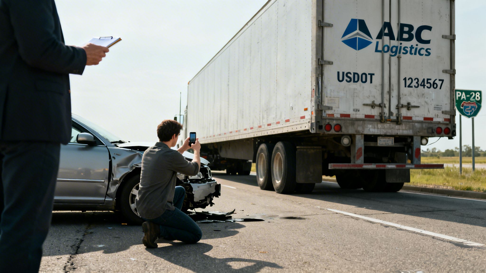 Two men assessing a damaged car after a collision with an ABC Logistics commercial truck.