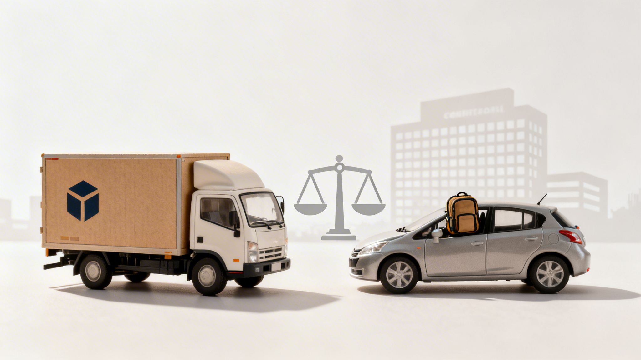 Miniature delivery truck facing a car with a backpack, scales of justice icon between them, blurred city background.