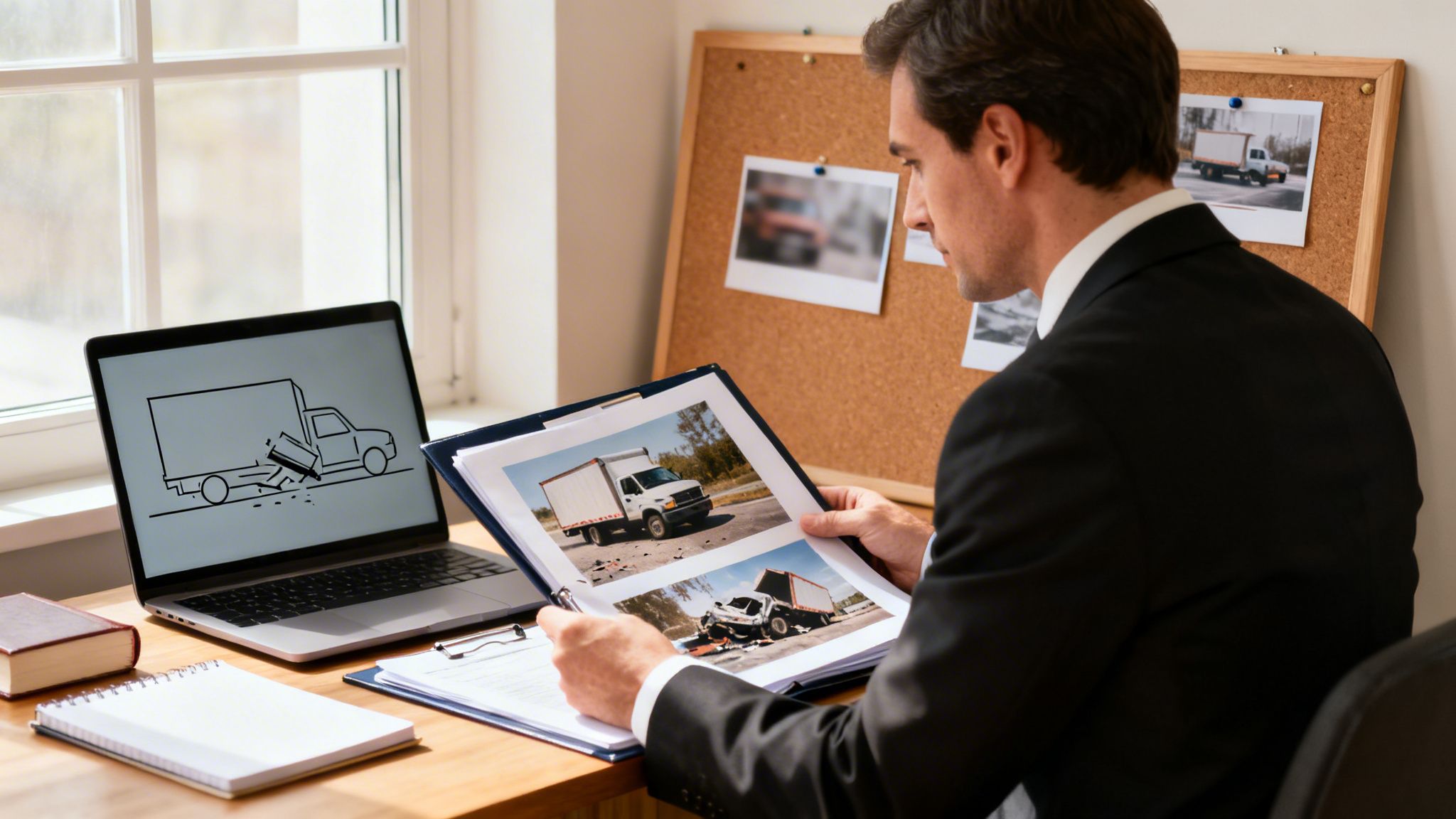 A man reviews truck accident photos and diagrams on a laptop at a desk.