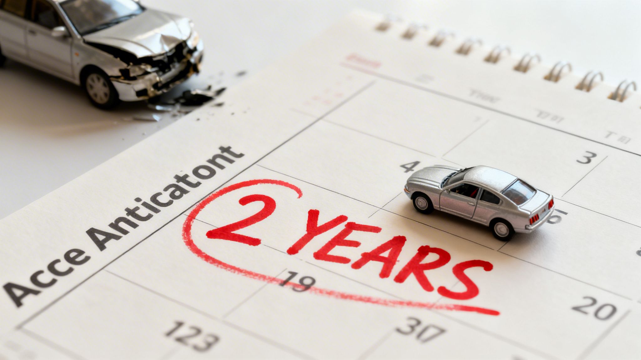 A calendar marked with '2 YEARS' and showing crashed and intact toy cars, symbolizing an accident and a timeframe.