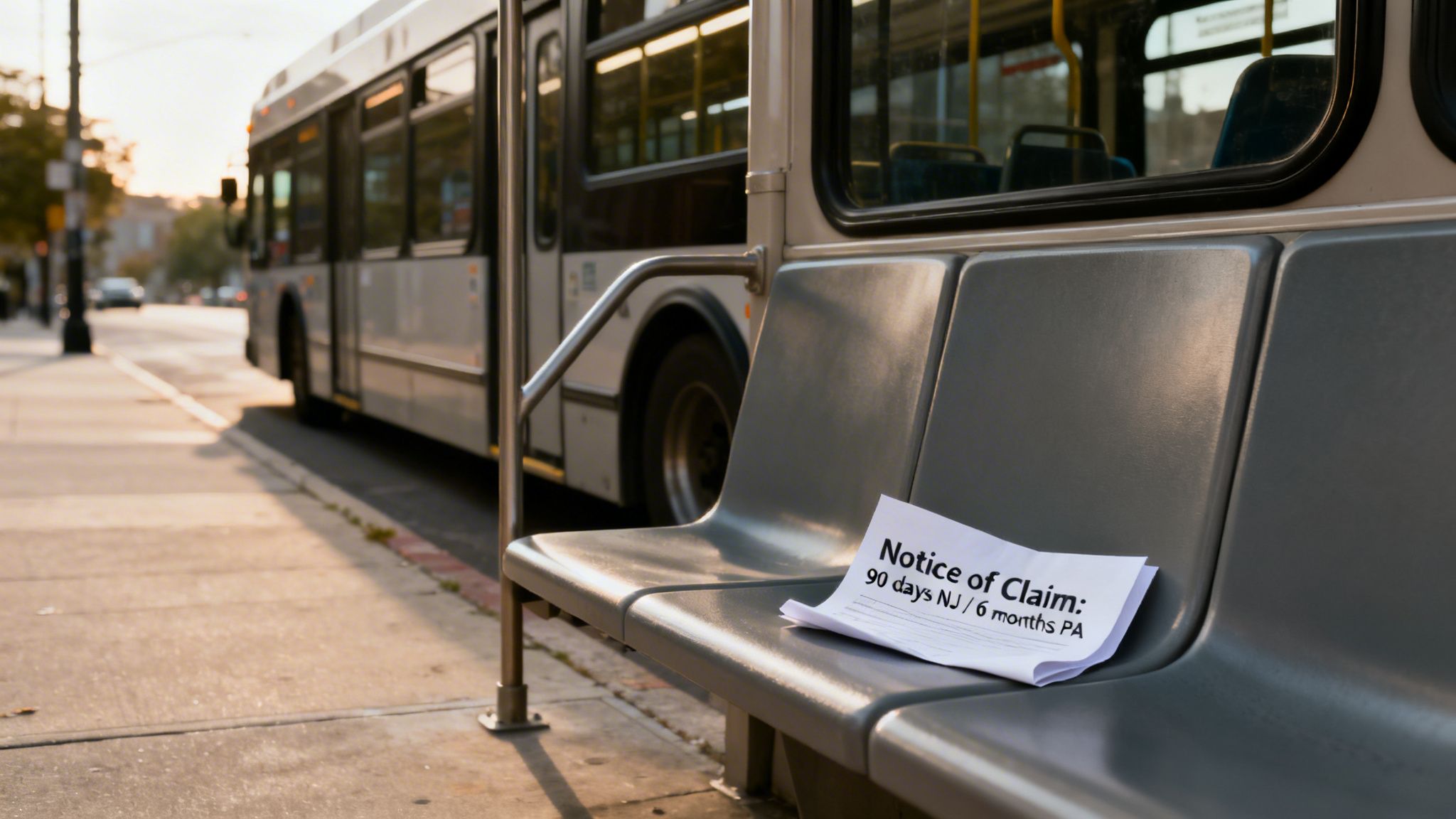A "Notice of Claim" document lies on a grey plastic bus seat inside a vehicle, with an urban street in the background.