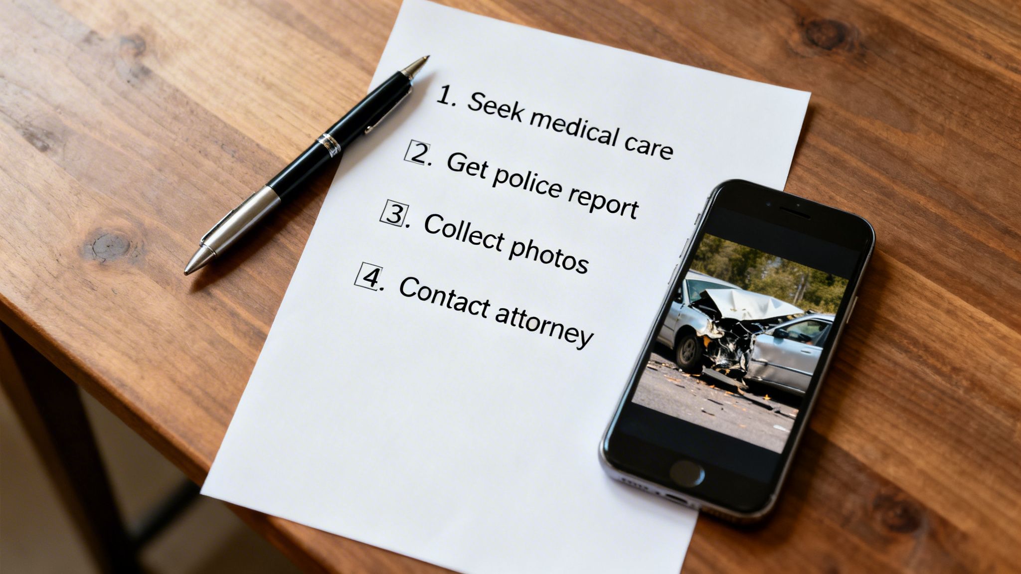 A checklist on a wooden table detailing steps after a car accident, next to a phone showing a car crash.
