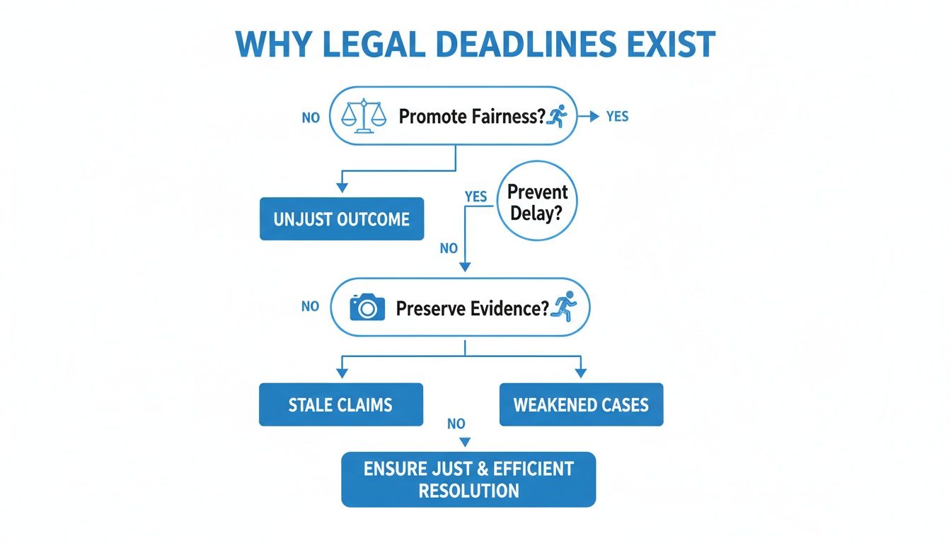 Flowchart illustrating why legal deadlines exist, emphasizing fairness, preventing delay, and preserving evidence for a just and efficient resolution.