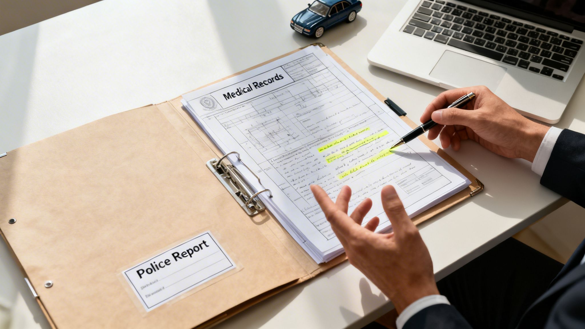 Professional hands reviewing medical records and police report, with a pen, laptop, and toy car.