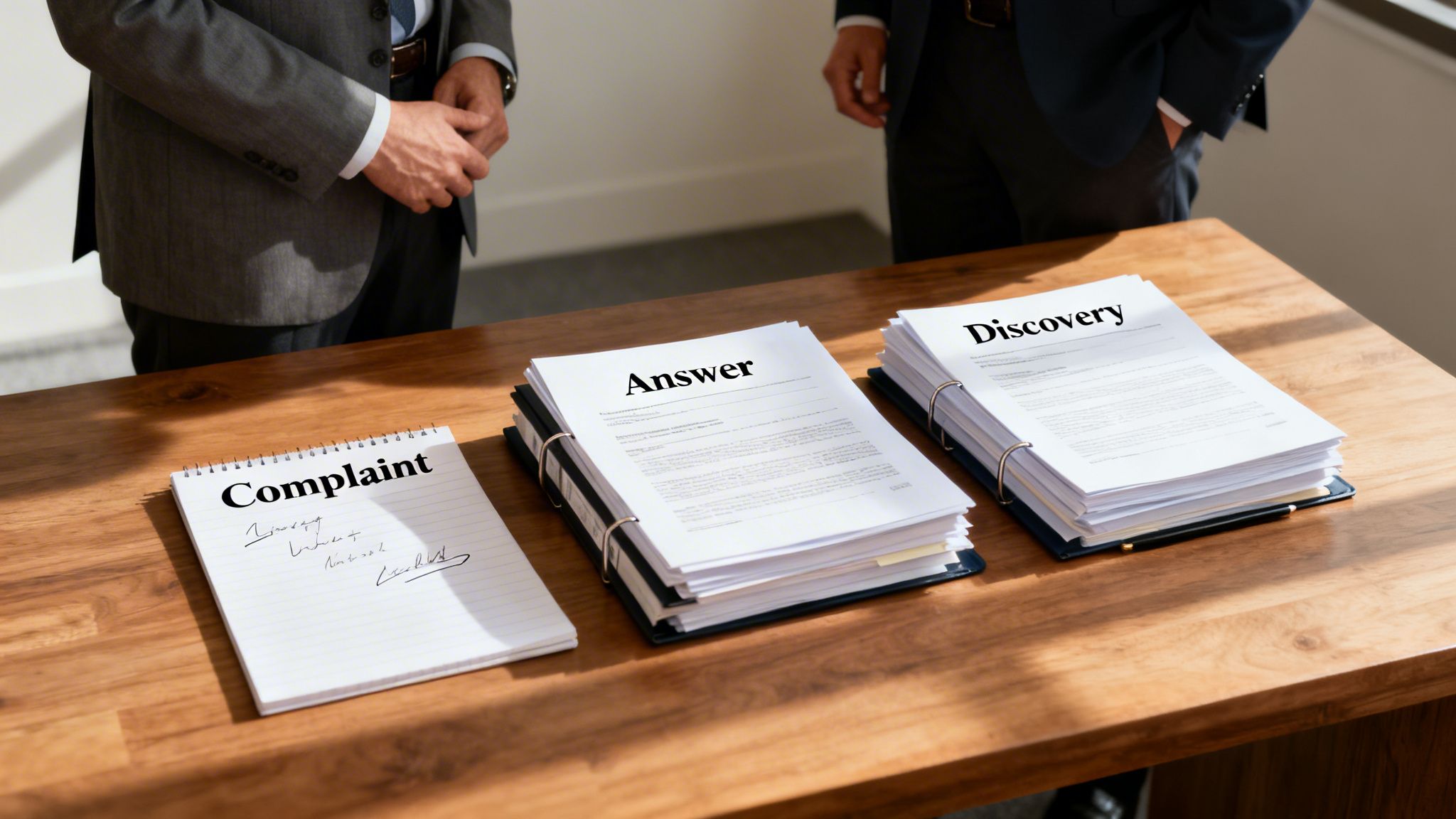 Legal documents labeled 'Complaint,' 'Answer,' and 'Discovery' on a wooden table, with two men in suits.