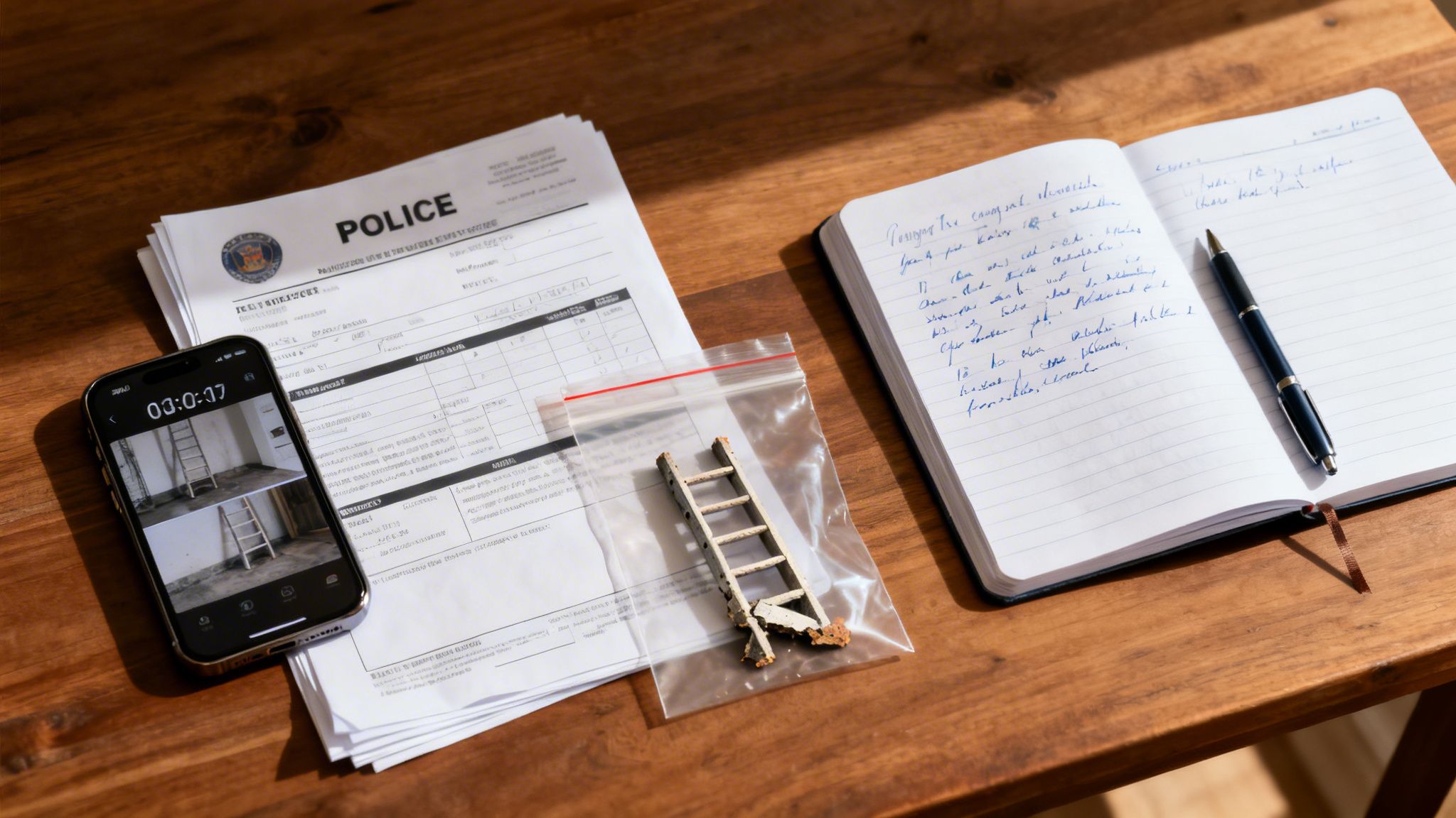 Desk with police documents, a smartphone displaying crime scene photos, miniature ladder evidence, and a notebook.