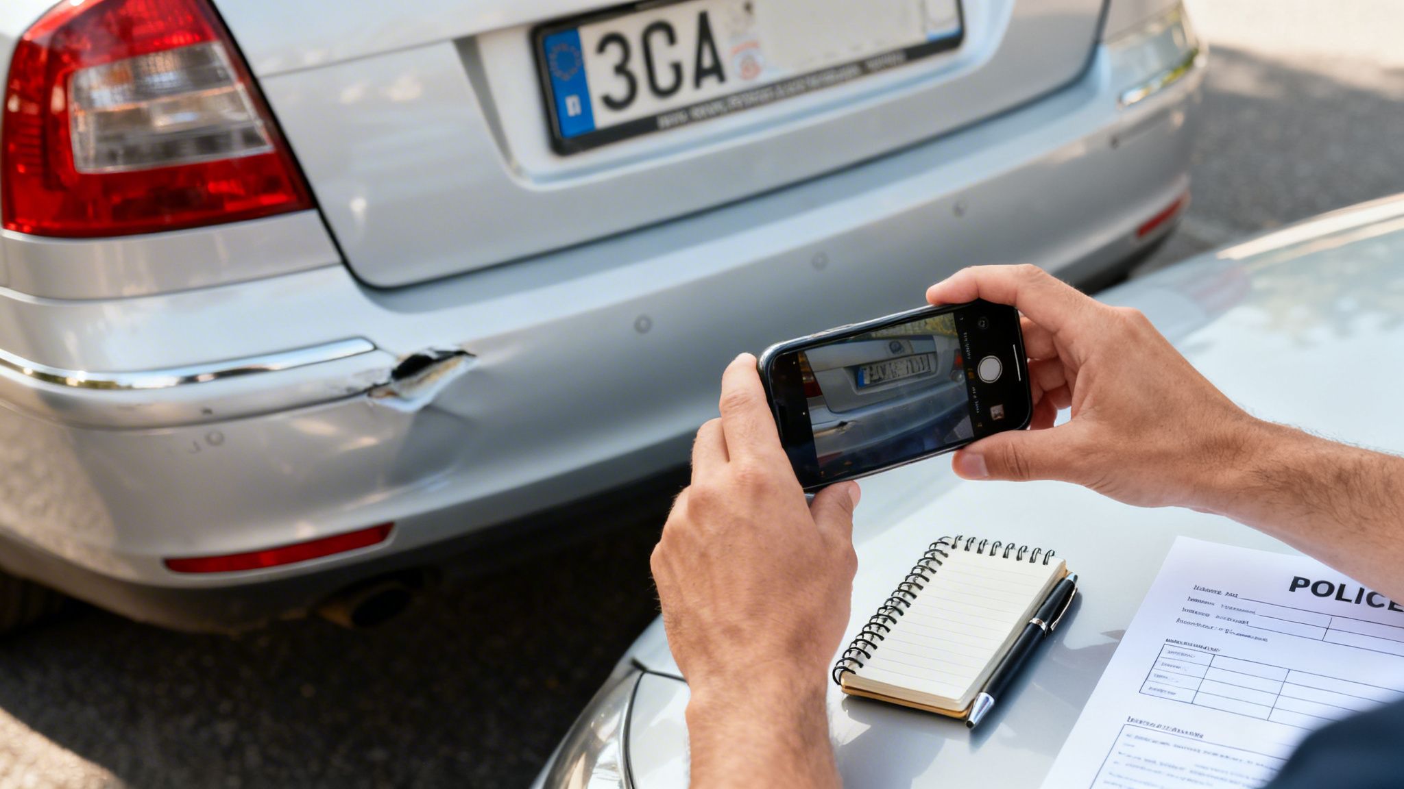 A person photographs a silver car's damaged rear bumper with a smartphone, next to accident paperwork.