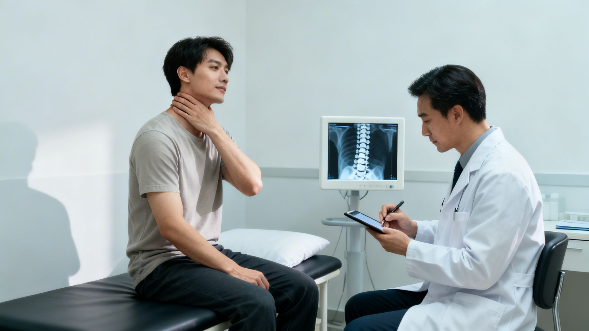 A male patient holds his neck while a male doctor examines a tablet, with an X-ray in the background.