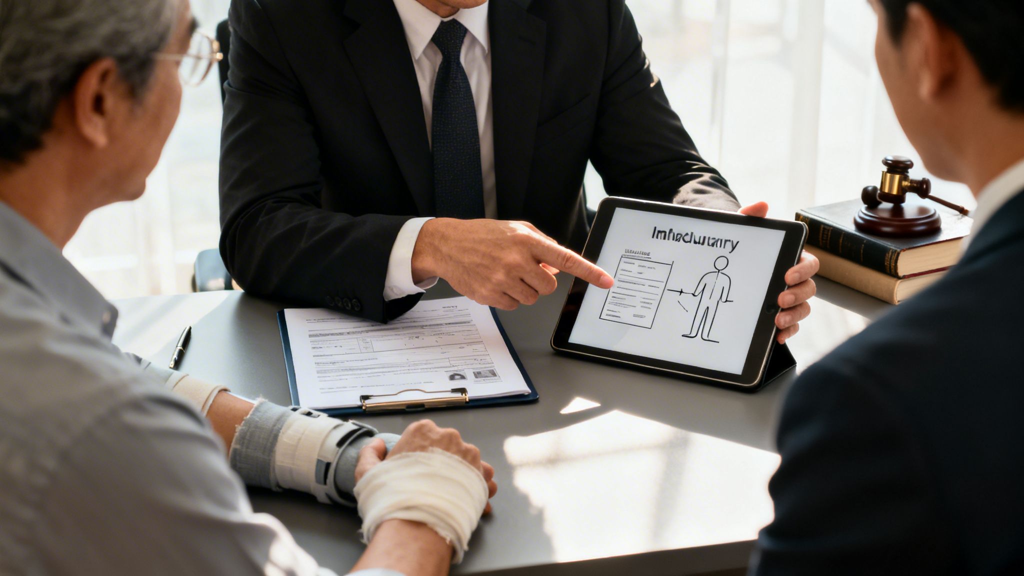 A lawyer points to a diagram on a tablet, explaining legal information to clients, one with an injured arm.
