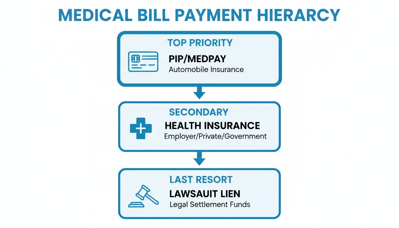 Flowchart illustrating the medical bill payment hierarchy, prioritizing auto insurance, then health insurance, and finally legal settlement funds.
