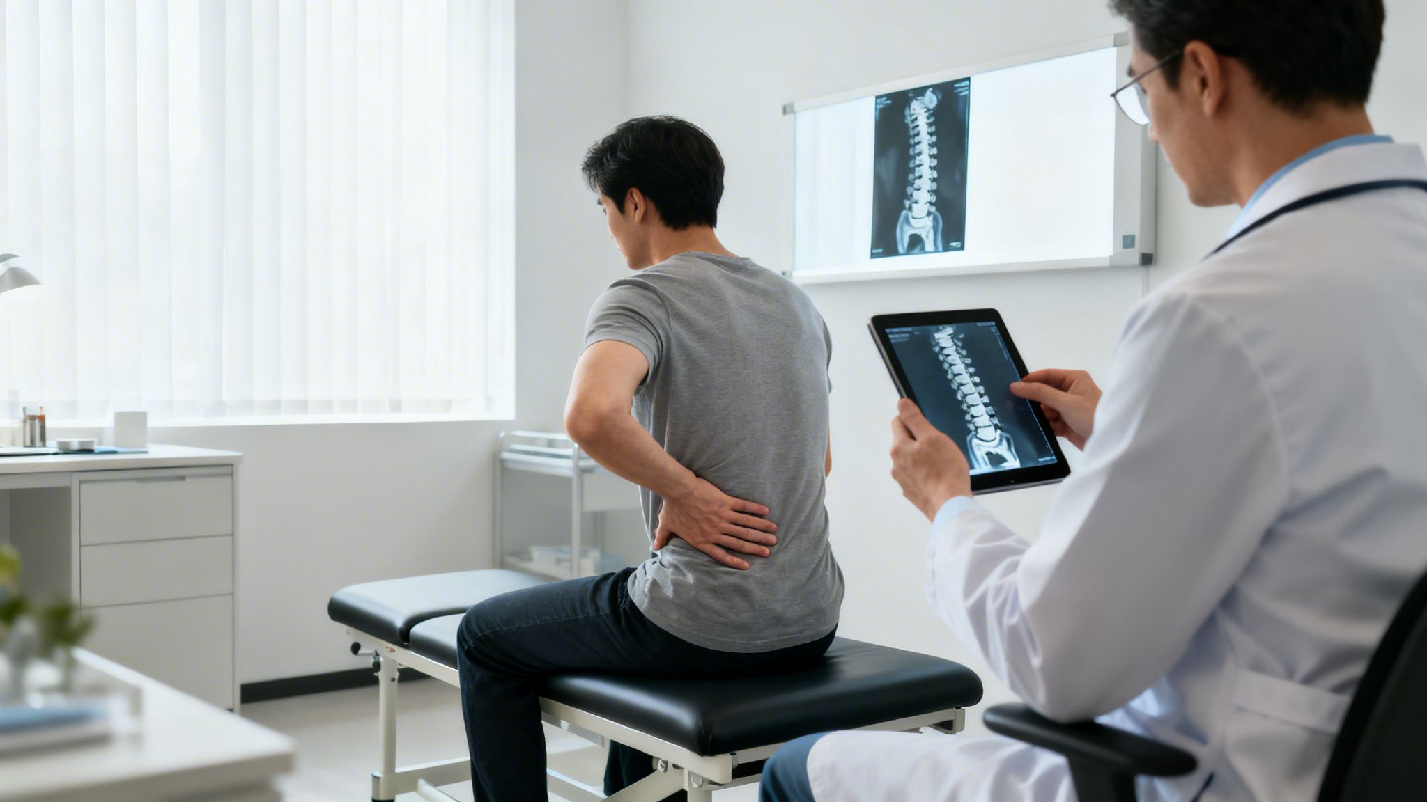A doctor shows a patient his spinal X-ray on a tablet while the patient holds his hurting back.