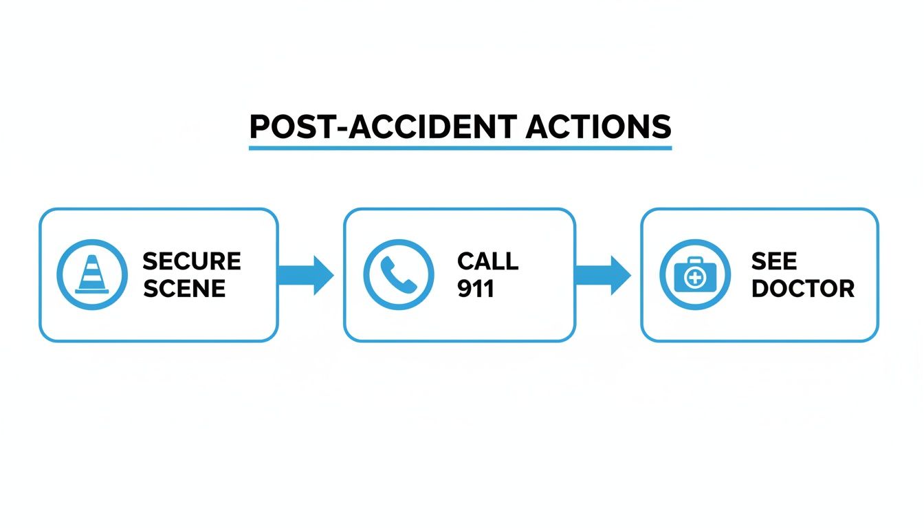 A flowchart illustrates post-accident actions: secure scene, call 911, and see doctor.