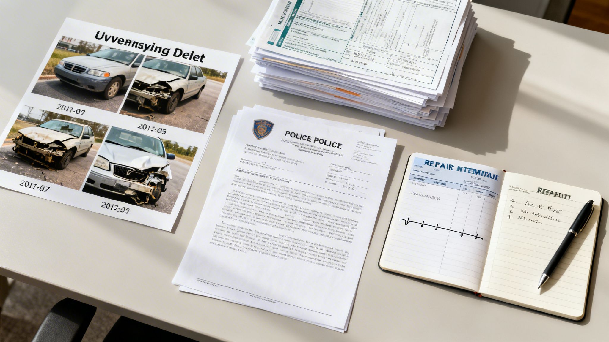 A desk with documents, photos of damaged cars, a police report, and a repair notebook.