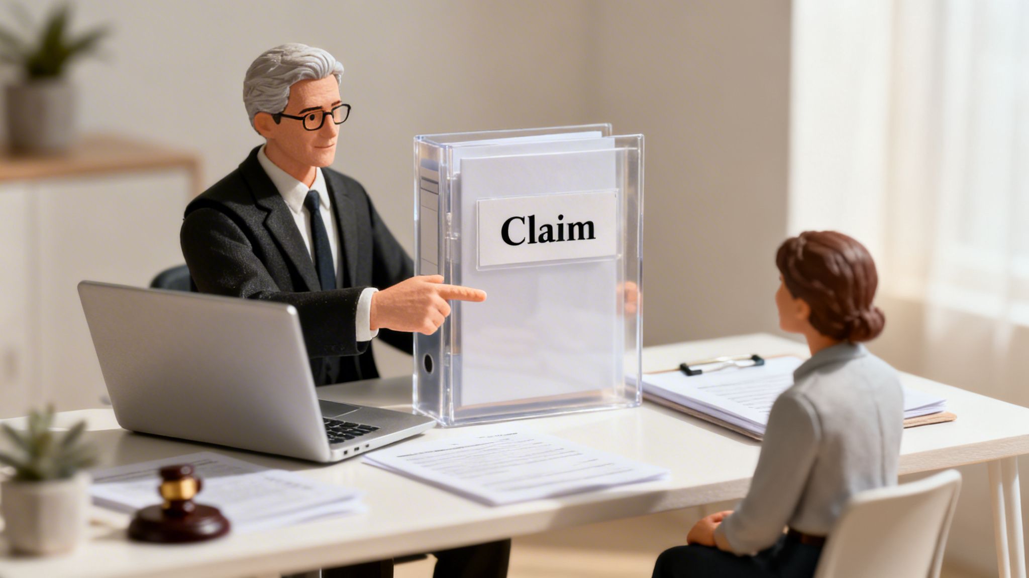 Miniature figures in an office discuss an insurance claim, with a man pointing to a 'Claim' file.
