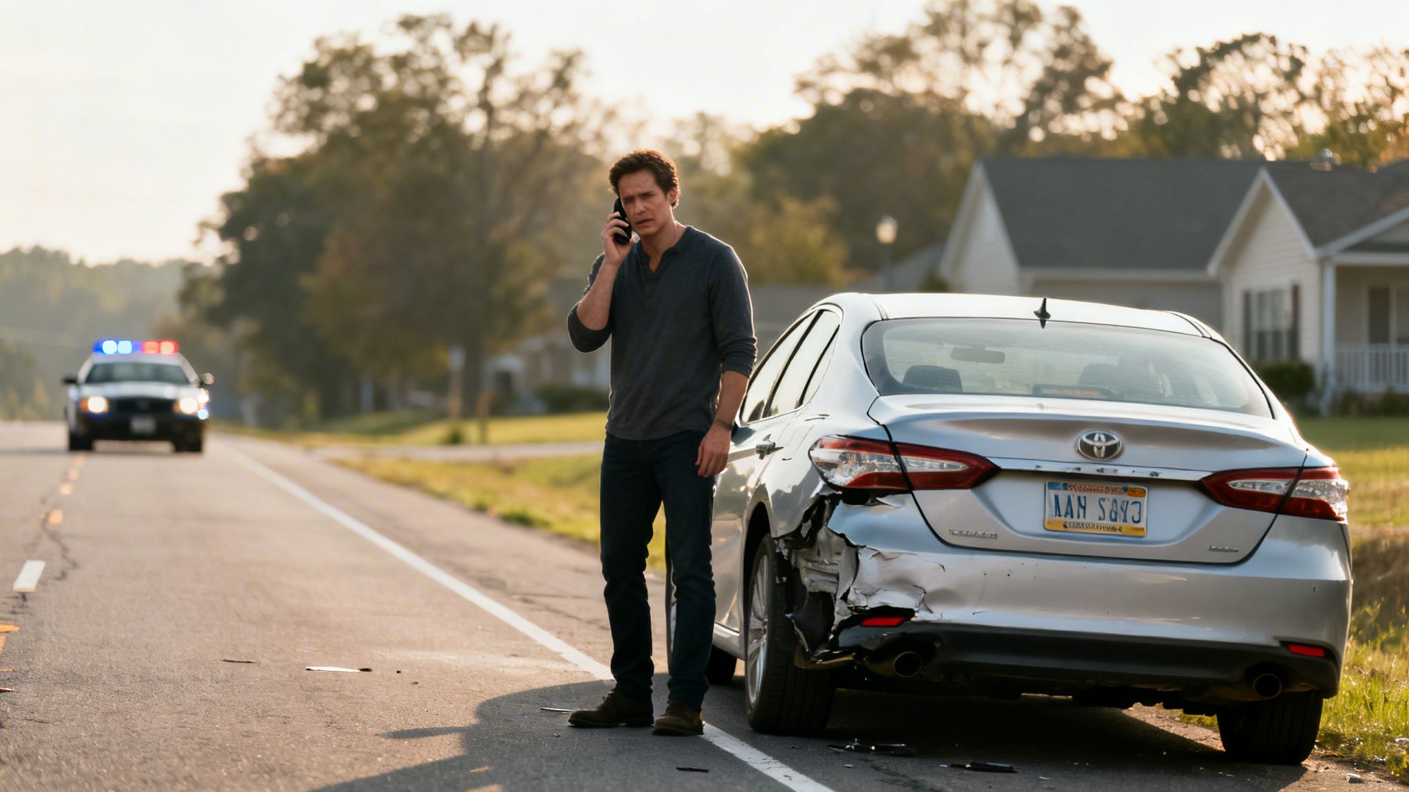 A man talks on a phone next to his damaged silver car after an accident, with a police car approaching.