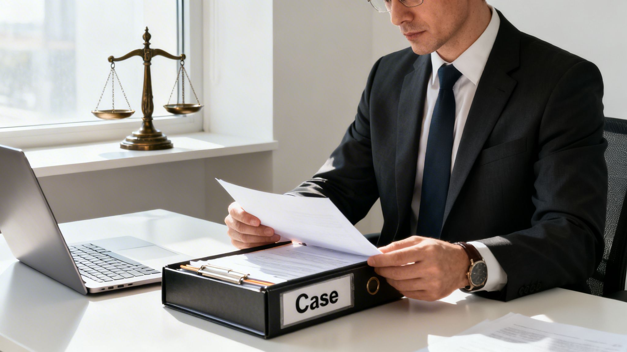 Professional man in a suit reviewing documents from a 'Case' binder with a laptop and scales of justice.