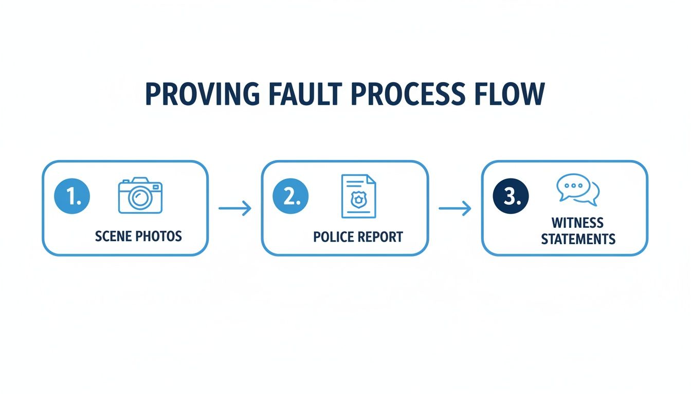 Flowchart illustrating the three-step process for proving fault: scene photos, police report, and witness statements.
