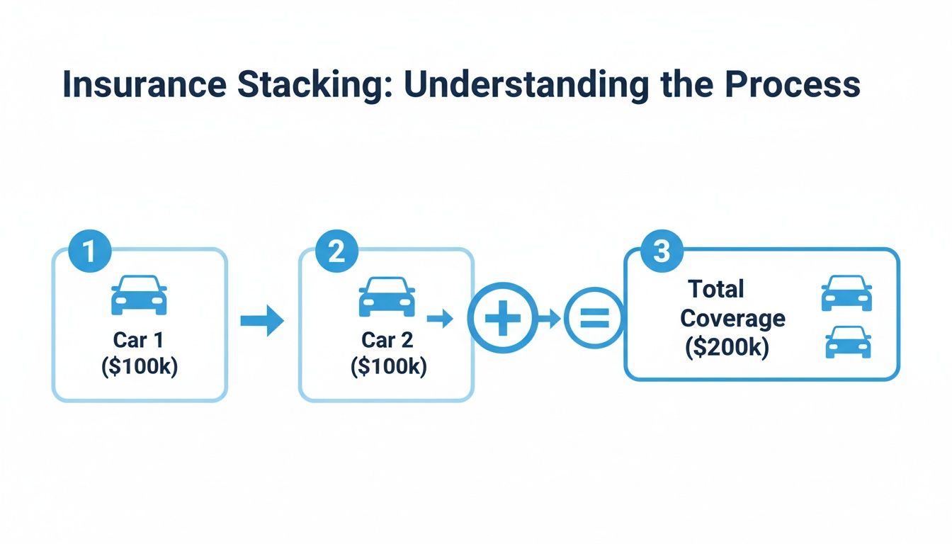 Flowchart illustrating insurance stacking by combining two car coverages of $100k each for $200k total.
