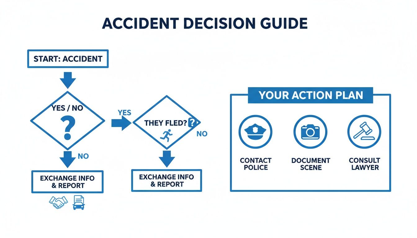 A flowchart titled 'Accident Decision Guide' detailing steps to take after an accident, including exchanging info, reporting, and an action plan.