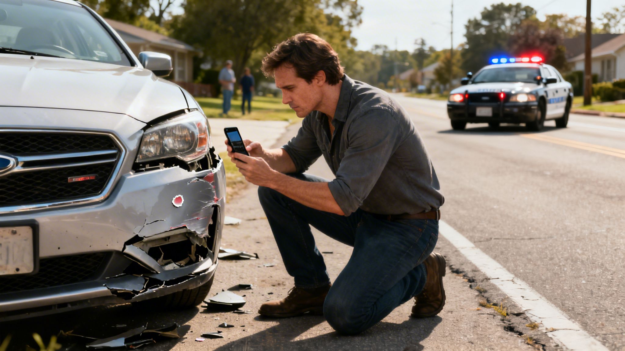 A man kneels beside his silver car, photographing the front bumper's damage with a smartphone, with a police car in the background.