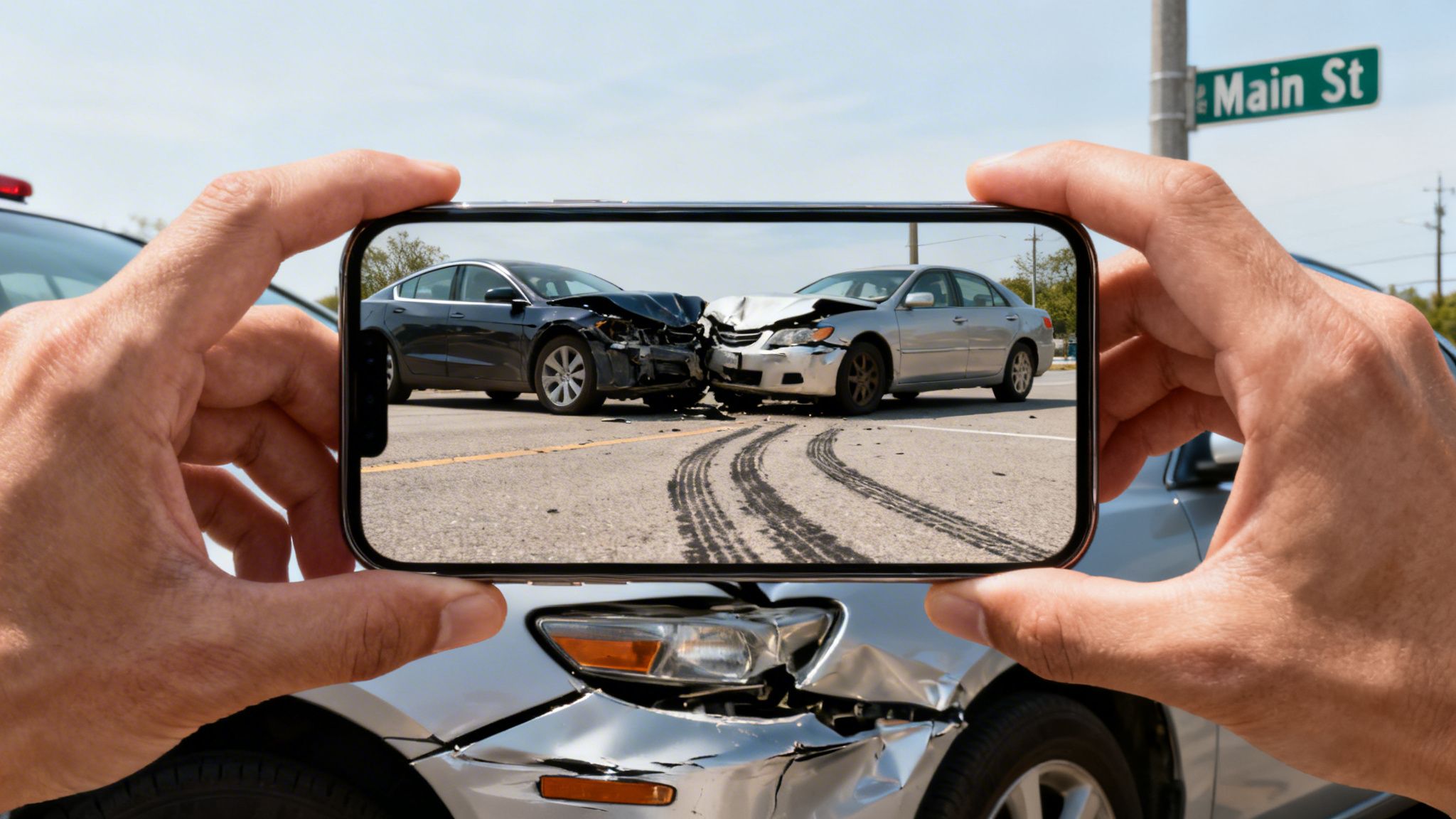 Hands holding a smartphone photographing a two-car accident with damage and tire marks on Main Street.
