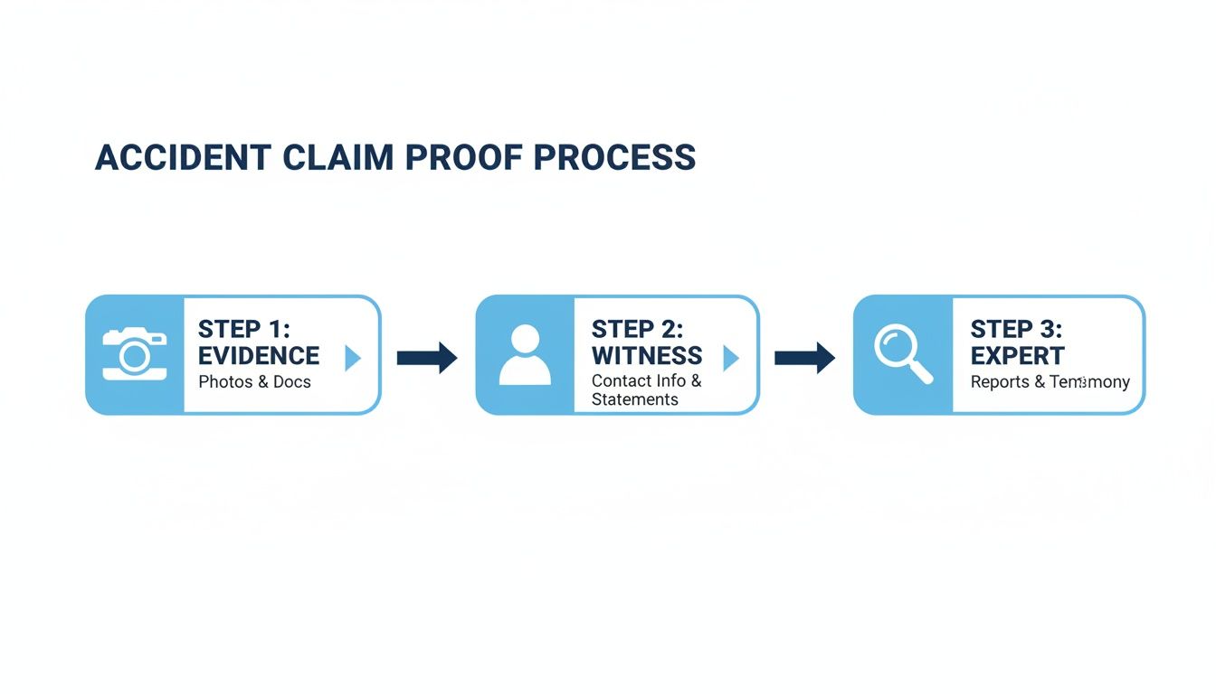 Diagram showing the three-step accident claim proof process: evidence, witness, and expert testimony.