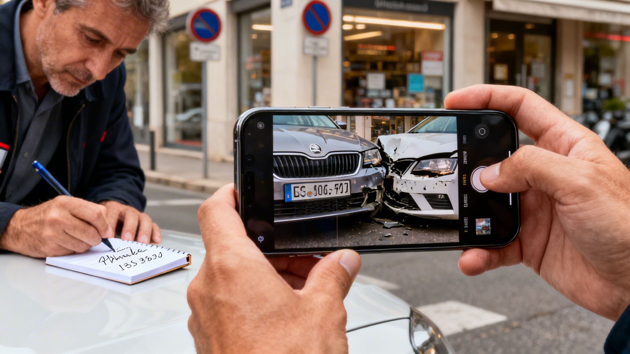 Two people documenting a car accident, one writing notes and the other taking a photo of the damaged vehicles.