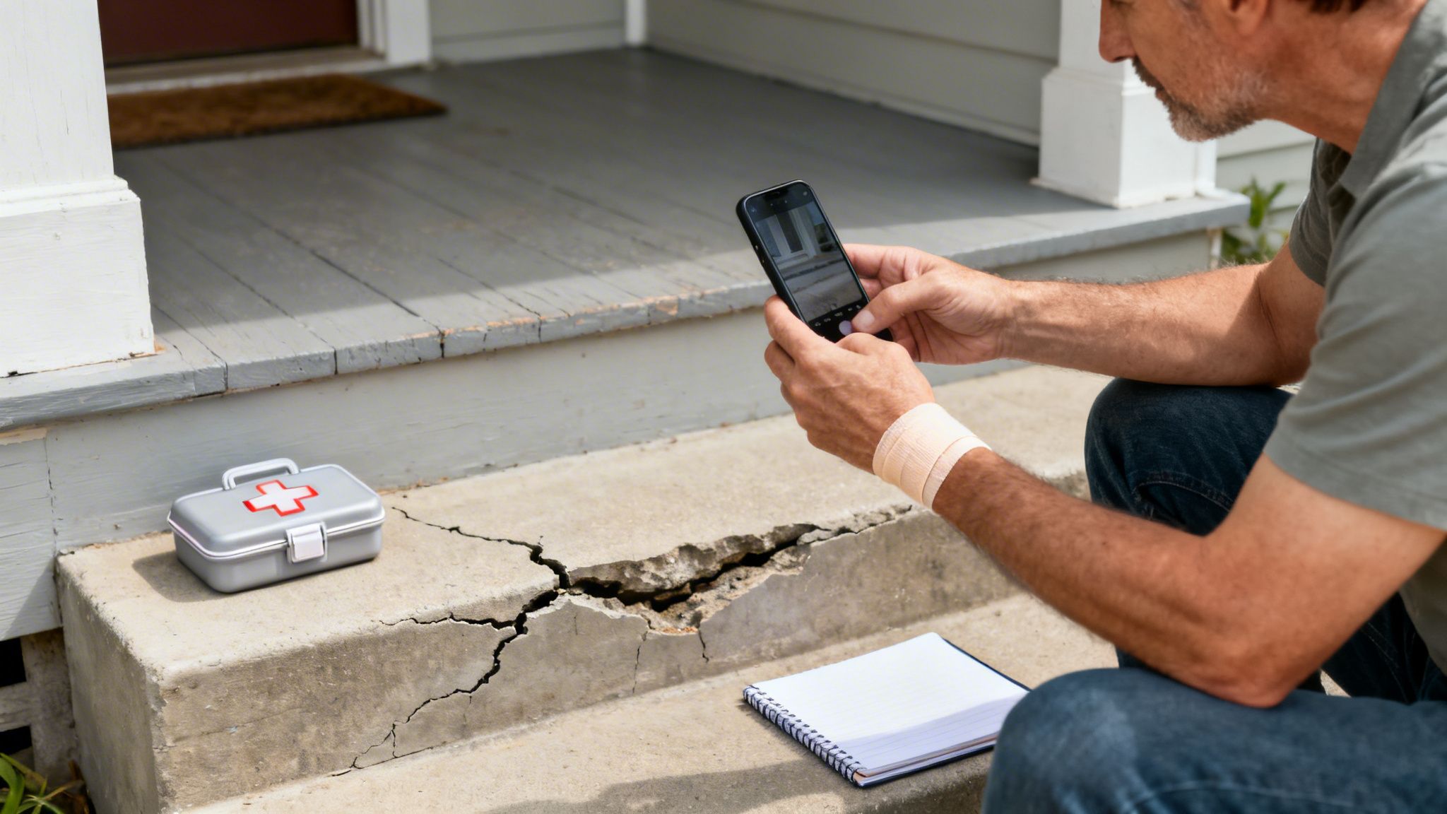 A man with a bandaged wrist photographs a large crack in concrete steps, with a first aid kit nearby.