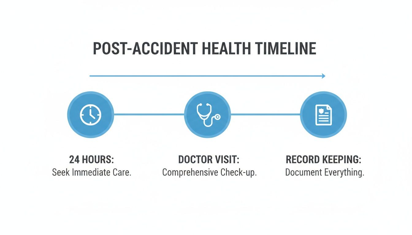Infographic showing a post-accident health timeline with steps for immediate care, doctor visit, and record keeping.