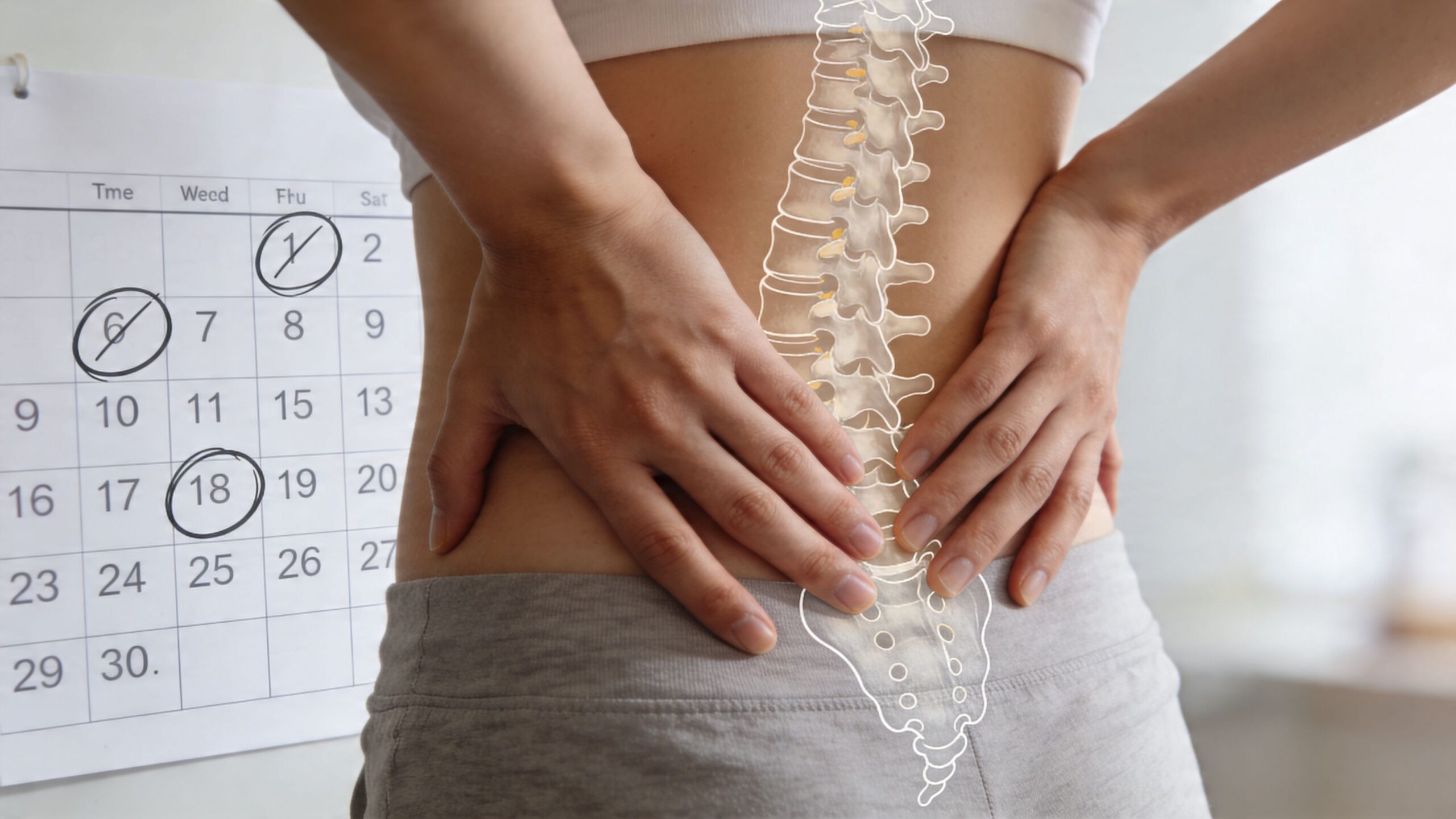 A person holding their lower back with a spinal overlay and a calendar with circled dates.