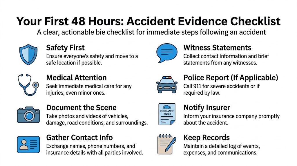 An infographic checklist titled Your First 48 Hours, detailing essential safety and evidence gathering steps after an accident.