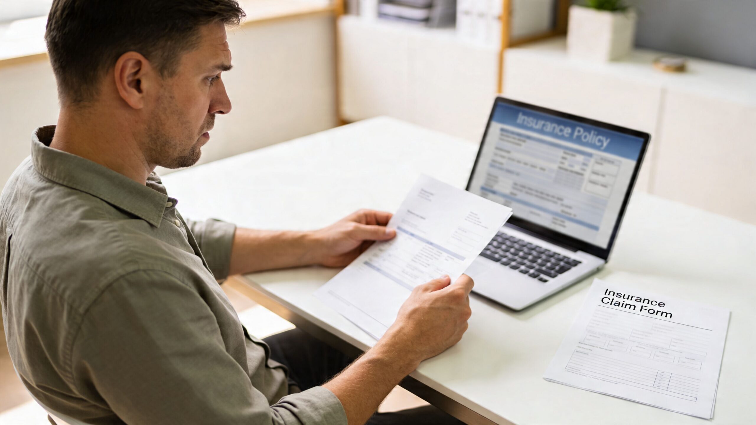 A man reviewing insurance policy documents and a claim form while sitting at a desk with a laptop.