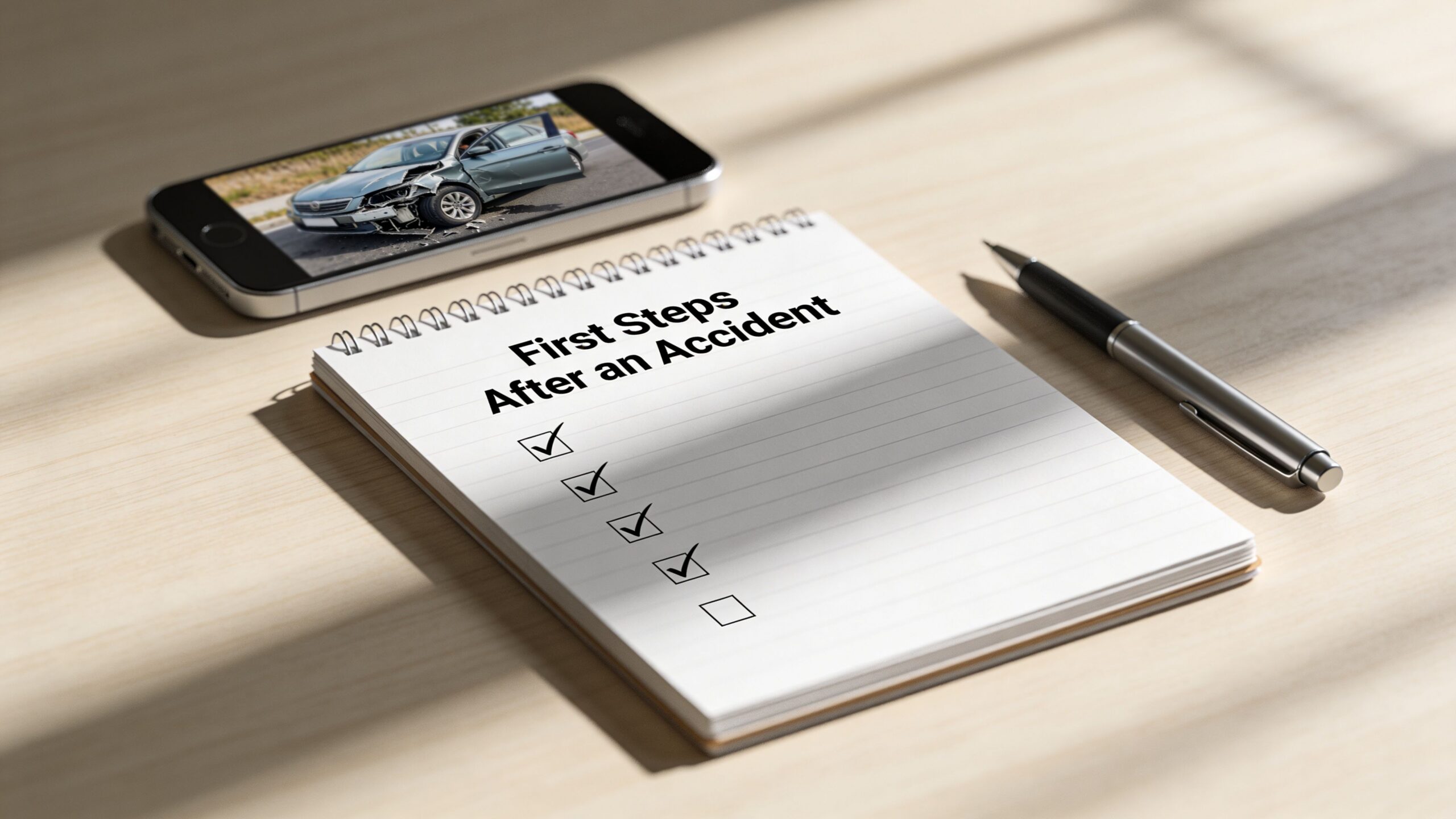 A checklist labeled First Steps After an Accident on a notebook with a phone displaying a crashed car.
