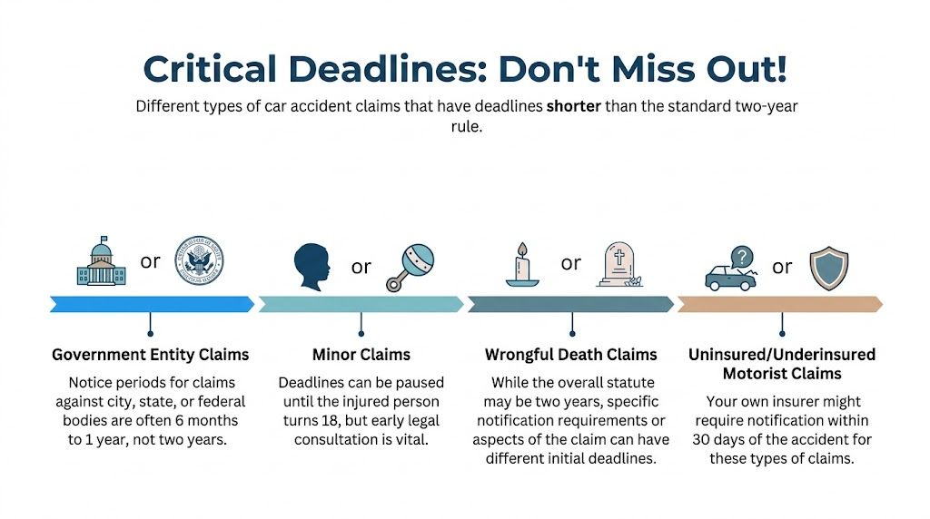 An infographic detailing car accident claim deadlines that are shorter than the standard two-year limit.