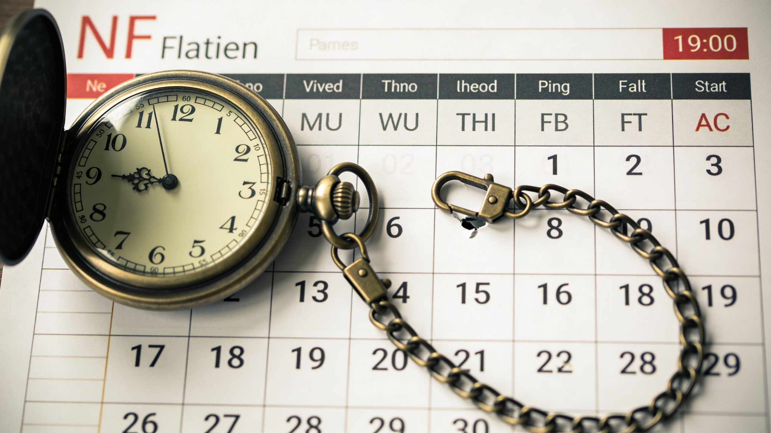 A vintage pocket watch resting on a calendar, highlighting the importance of time management and deadlines.