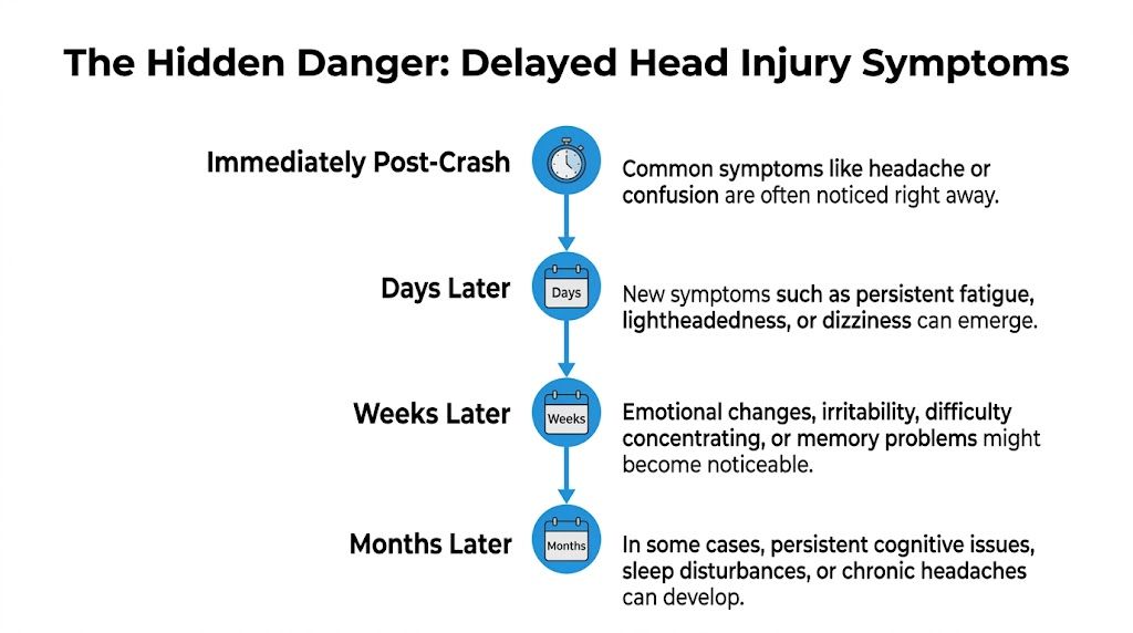 A timeline graphic showing the progression of delayed head injury symptoms from immediately post-crash to months later.