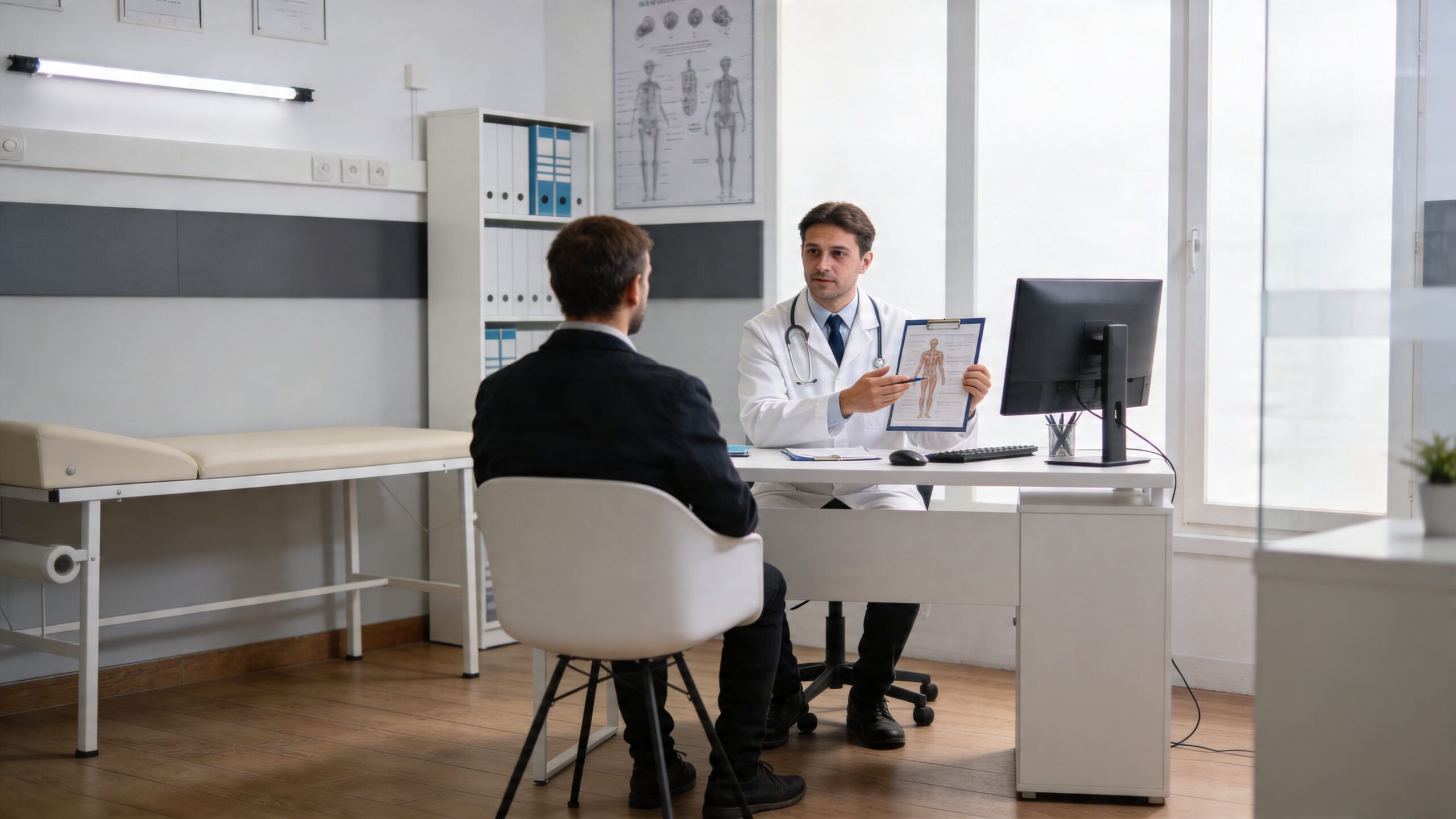 A doctor in a white coat showing a medical chart to a male patient in an office