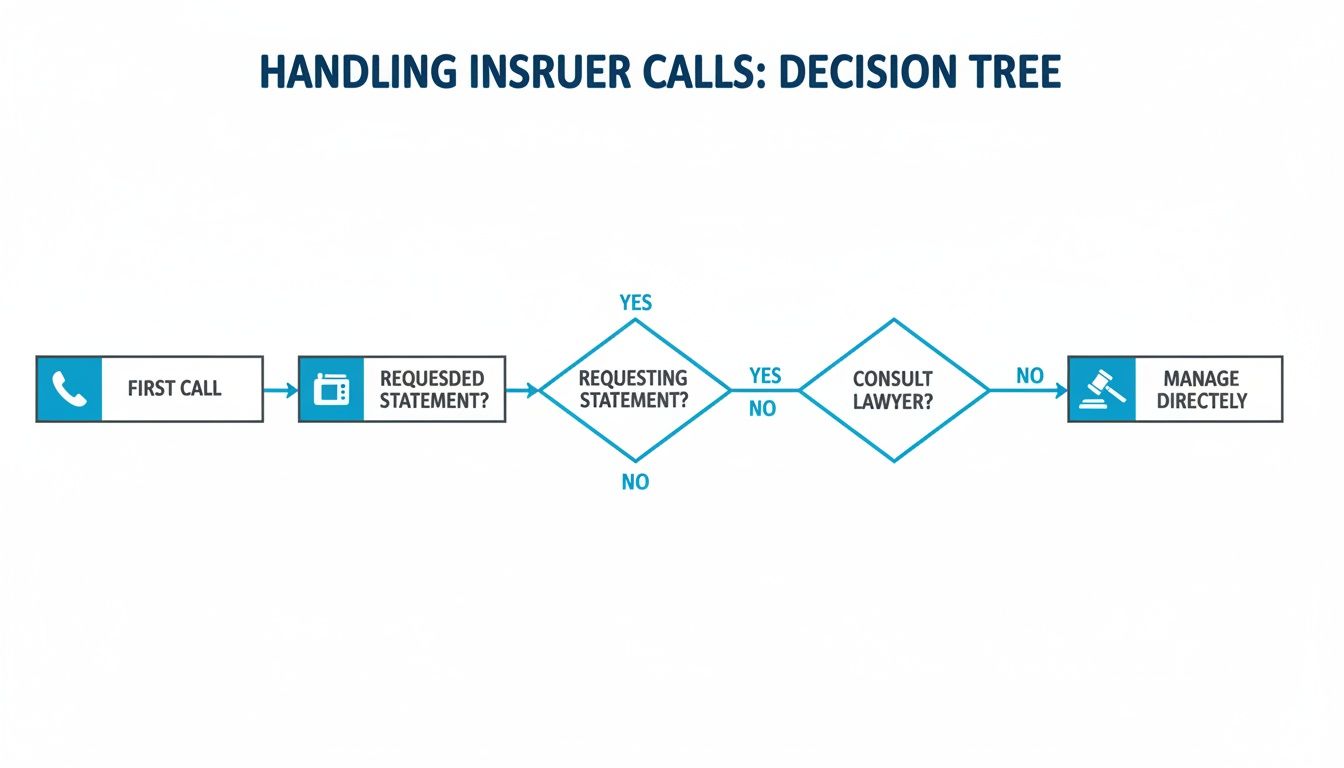 A decision tree flowchart illustrating the steps for handling insurer calls, including legal consultation.