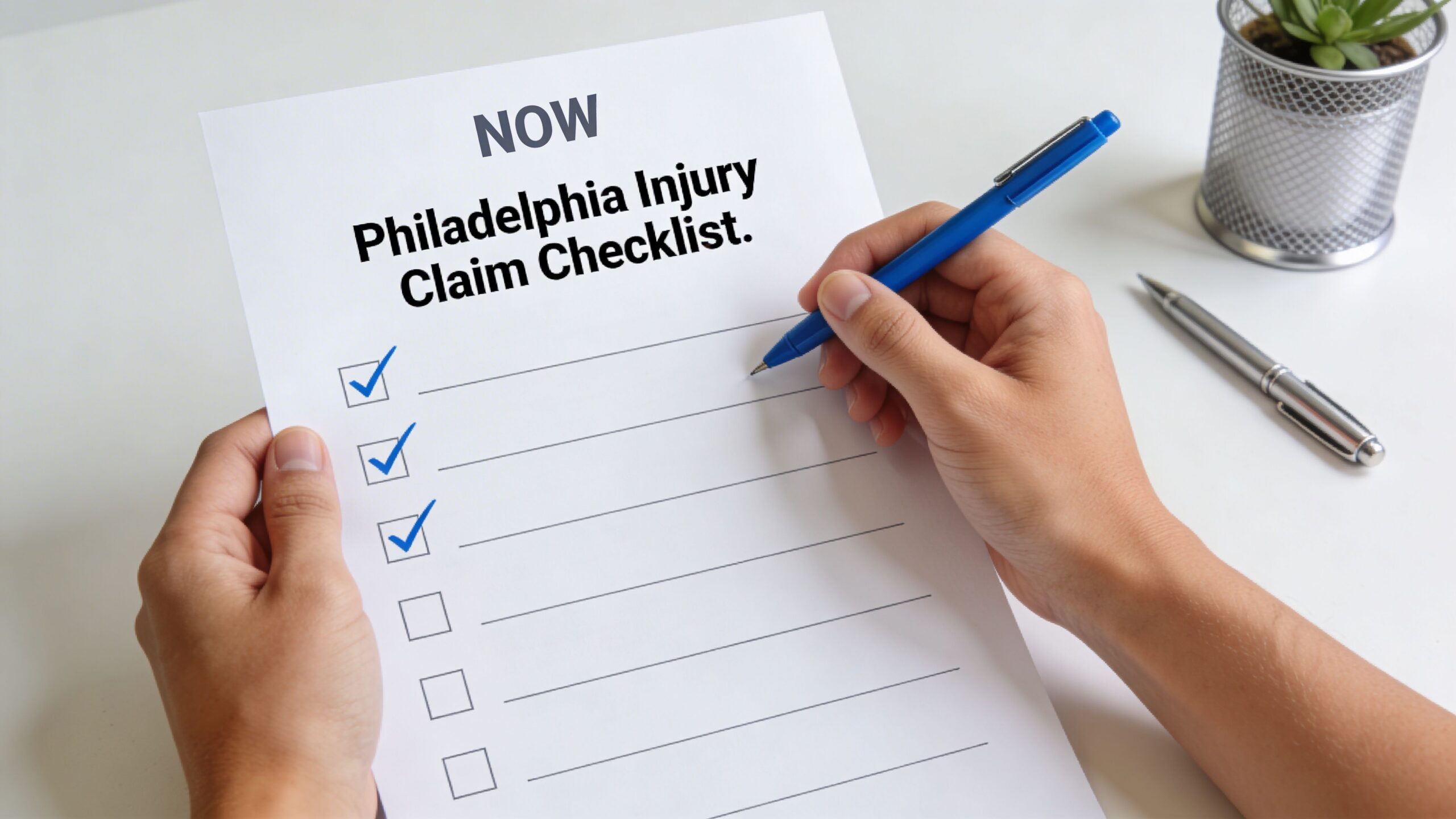 A person holding a Philadelphia injury claim checklist document and marking it with a blue pen.