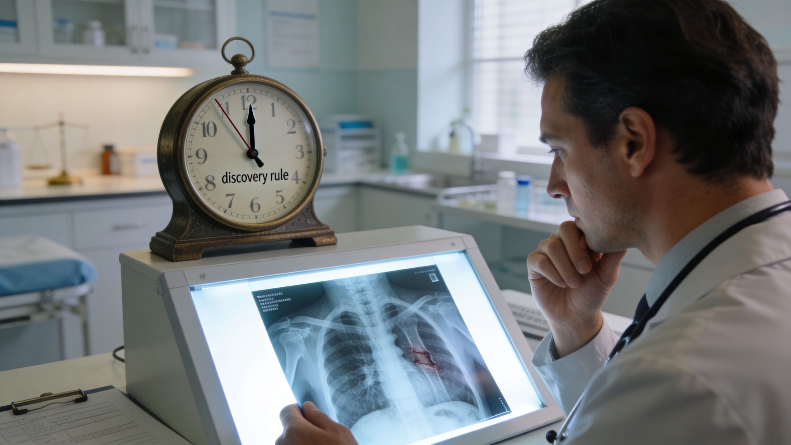 A doctor in a medical office carefully reviewing an X-ray scan next to an antique clock.