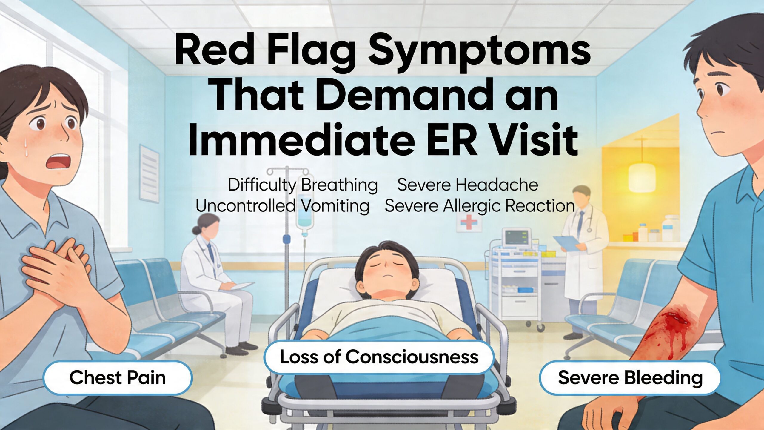 A medical illustration listing emergency red flag symptoms that require immediate care at an emergency room.