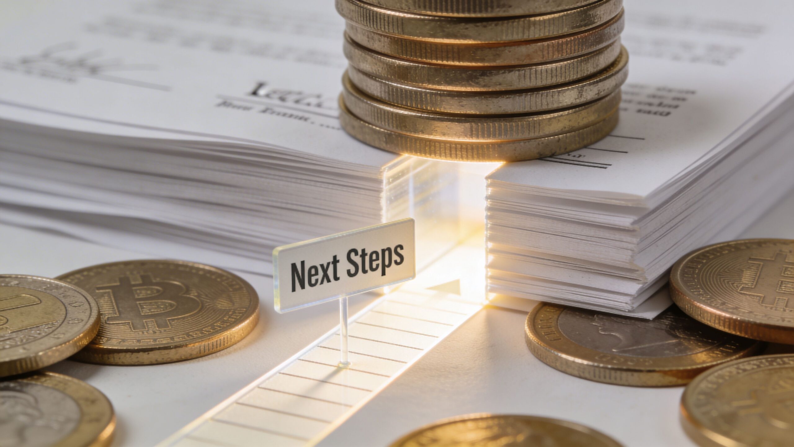 A conceptual image featuring a stack of coins and documents with a signpost pointing towards next steps.