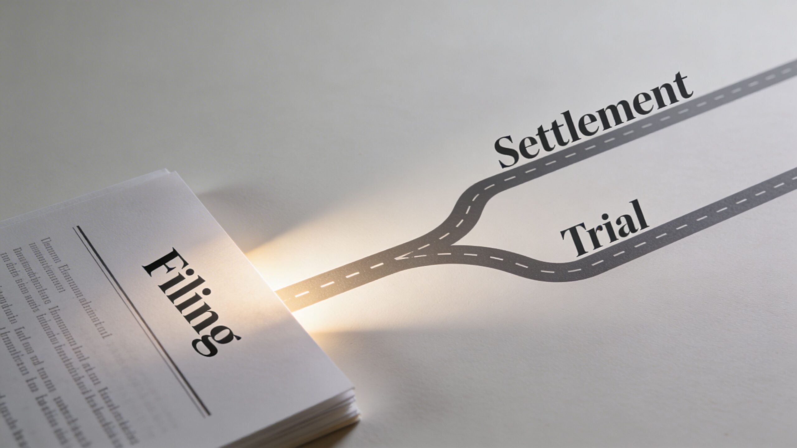 A conceptual diagram showing a legal document leading to a fork in the road toward settlement or trial.