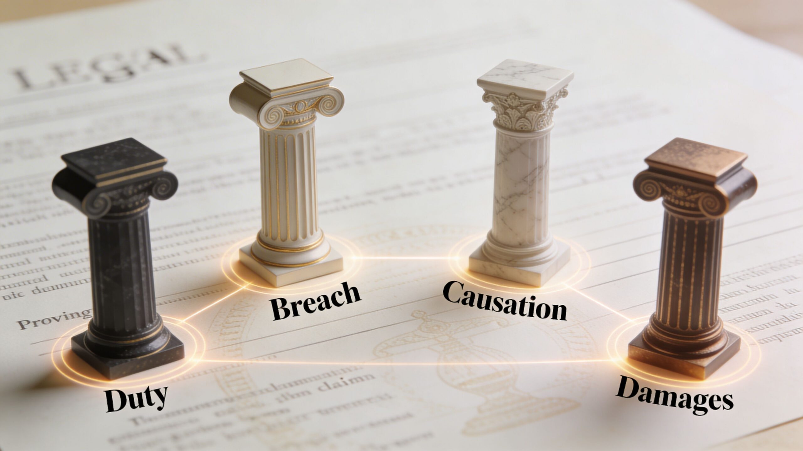 Four classical pillars resting on a legal document labeled Duty, Breach, Causation, and Damages representing malpractice elements.