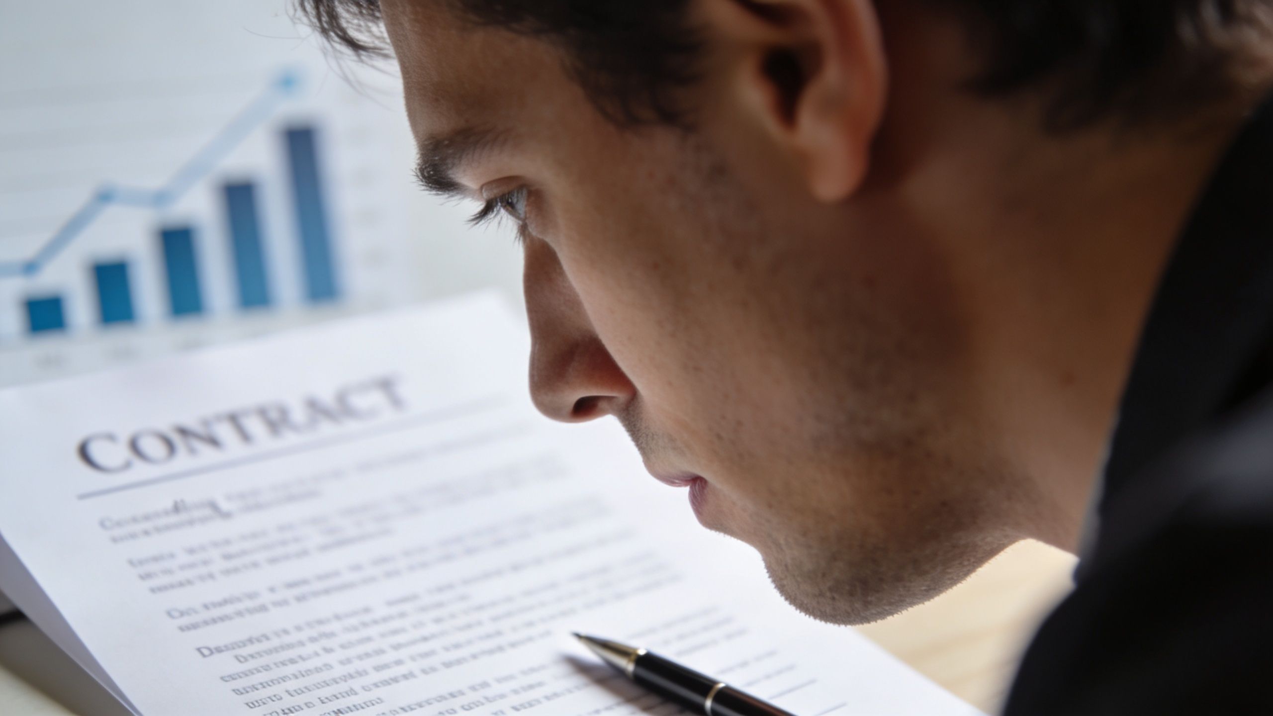 A focused man in a suit carefully reviewing a legal contract with a pen nearby.